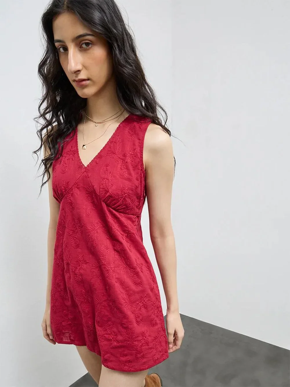 Red Floral Embroidered Cotton Dress